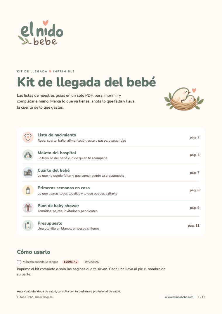 Portada del Kit de llegada del bebé, con el índice de sus seis partes